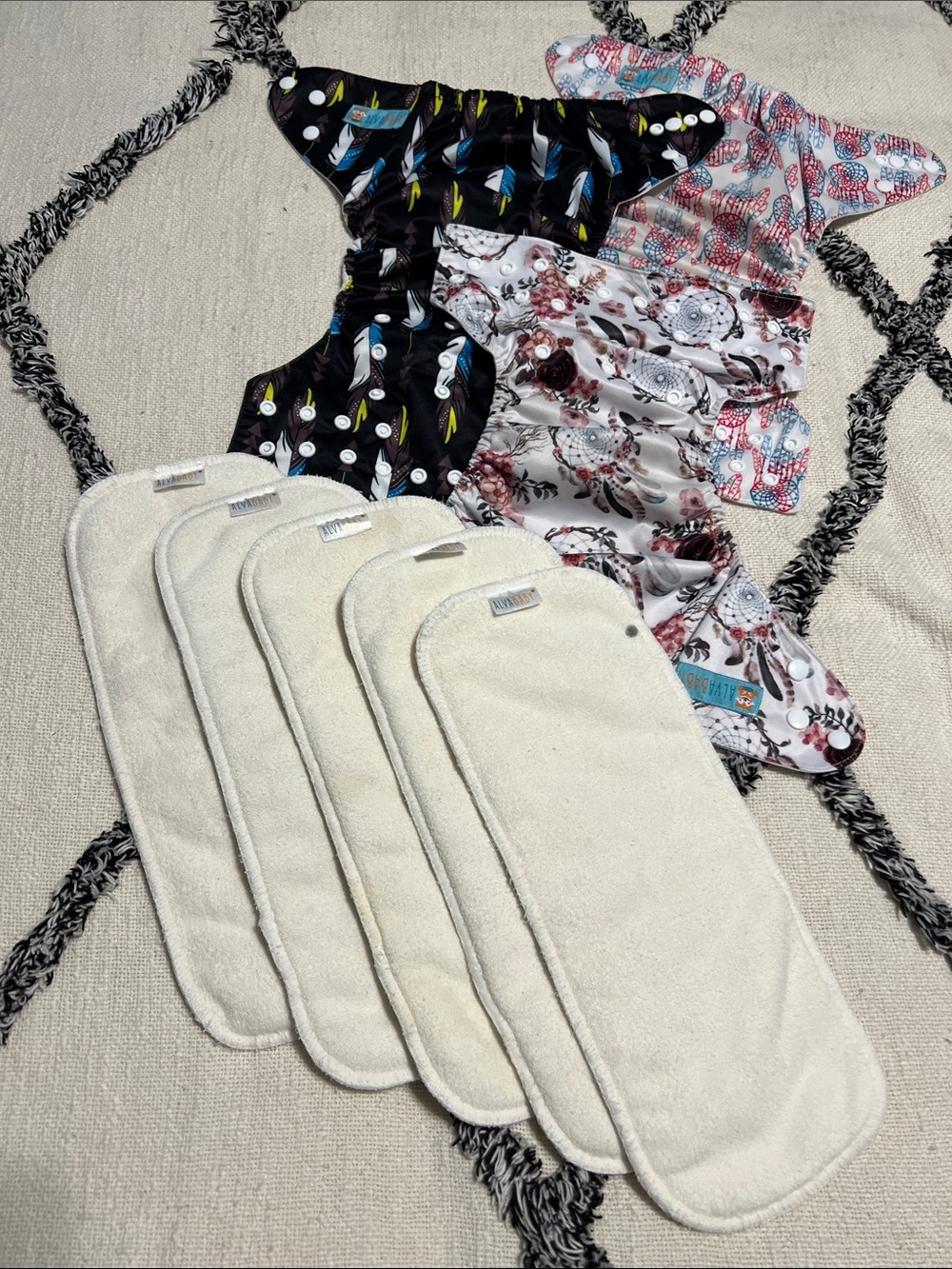 Three AlvaBaby OS Snap Pocket Diapers with Five Bamboo Inserts